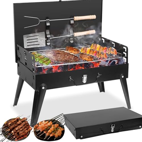 Portable Charcoal BBQ Grill Kit, Foldable Camping Mini Grill for Outdoor Cooking, Compact Design Barbecue Accessories with Barbecue Tools, Perfect for Beach, Backyard, Picnics (Mini Grill)