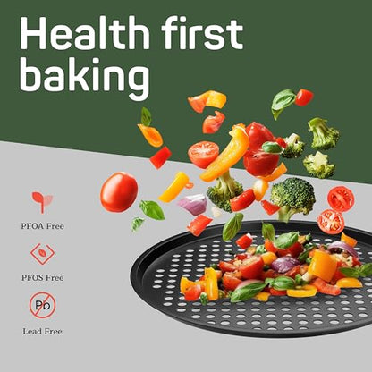 Non-Stick Pizza Pan 1 Pack, 13 Inch Round Carbon Steel Pizza Tray with Perforated Holes for Crispy Crust, PFOAPFOSPTFE Free, Dishwasher & Oven Safe Up To 450°F, Durable Nonstick Gray Coating