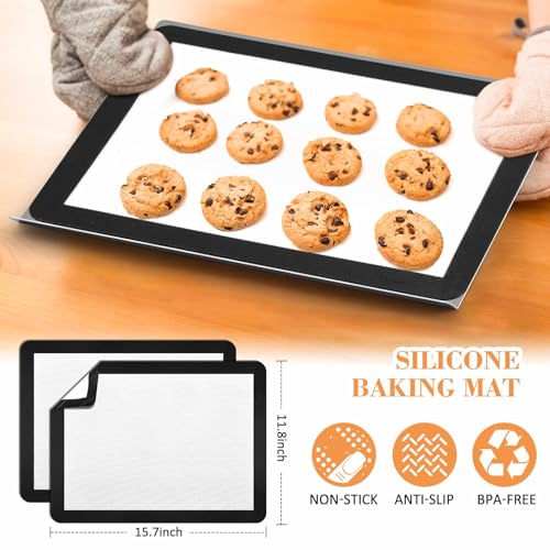 Ziliny 2 Pcs Large Flat Cookie Sheets No Edges and 2 Pcs Silicone Baking Mats Aluminum Cookie Pan with Baking Mats Reusable Rectangular Oven Trays for Cooking Desserts Cupcakes, 16" x 13"