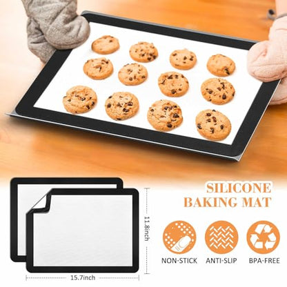 Ziliny 2 Pcs Large Flat Cookie Sheets No Edges and 2 Pcs Silicone Baking Mats Aluminum Cookie Pan with Baking Mats Reusable Rectangular Oven Trays for Cooking Desserts Cupcakes, 16" x 13"