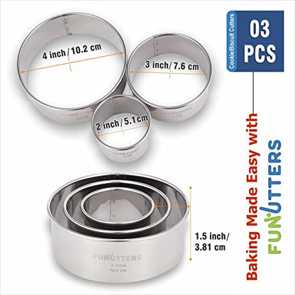 Cookie Cutter Set, 3 Pc Kit, Measuring 2'', 3'', and 4'', Round Metal Baking Rings for Pastry, Biscuits, and Dough Cutting, Heavy Duty and Reusable, Multiple Sizes