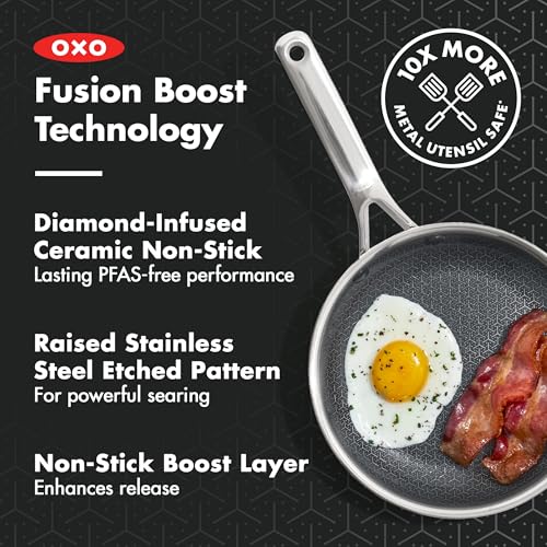 OXO Hybrid 8” Nonstick Stainless Steel Frying Pan, Durable PFAS-Free Ceramic Skillet, Stay-Cool Handle, Induction & All Cooktop Compatible, Dishwasher Safe, Mirror Polished Tri-Ply