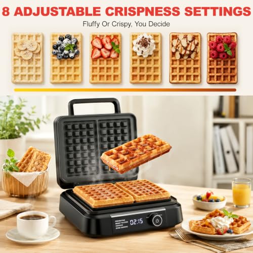 Waffle Maker, 8 Browning Levels Smart LED Digital Timer, Audible Ready Beep