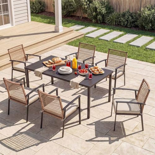 LAUSAINT HOME 7 Pieces Patio Dining Set, Outdoor Furniture Set of 6 Chairs with Soft Cushion and Iron Slats Table Top with Umbrella Hole, Conversation Set for Backyard, Garden and Poolside