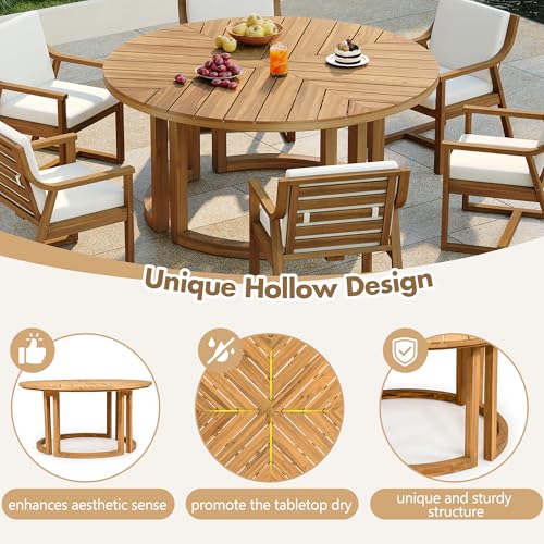 XD Designs 7-Piece Outdoor Patio Dining Set, All-Weather Acacia Wood 59'' Round Dining Table with 1.96" Umbrella Hole and 6 Arm Chairs for Backyard, Balcony, Garden, Poolside (Light Teak-2.14)