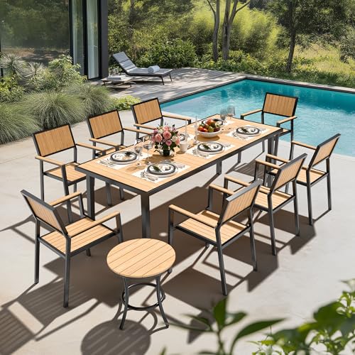 PATIOPIA 10-Piece Patio Dining Set, Outdoor Weather-Resistant Plastic-Wood Table & 8 Stackable Chairs, Outdoor Durable Aluminum Frame Furniture for Garden, Poolside, Backyard