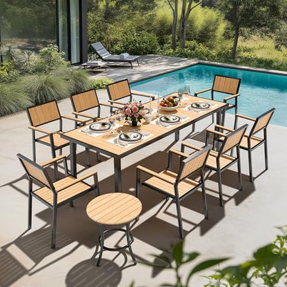 PATIOPIA 10-Piece Patio Dining Set, Outdoor Weather-Resistant Plastic-Wood Table & 8 Stackable Chairs, Outdoor Durable Aluminum Frame Furniture for Garden, Poolside, Backyard
