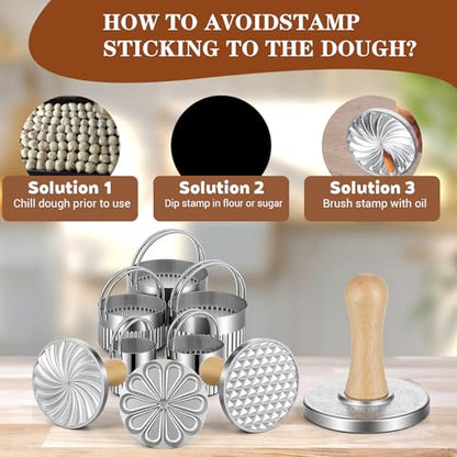 3PCS Aluminum Alloy Cookie Press Embossing Stamps with 5-Piece Round Stainless Steel Fluted Mousse Rings Set, Wood Handle Metal Mold Cutter Tools for DIY Baking Cookies Cakes Pastries Decorating