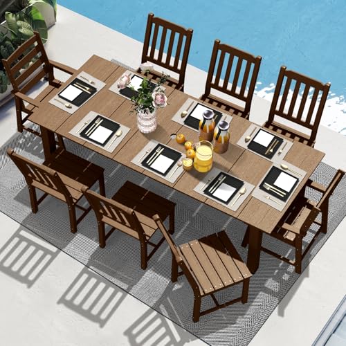 LOUNZY 9 Pieces Patio Dining Sets, Outdoor HDPE Furniture Set for 8 w/ 2" Hole Cut-Out Dining Table with 8 Patio Chairs(2 W/Armrest, 6 w/o Armrest), Brown