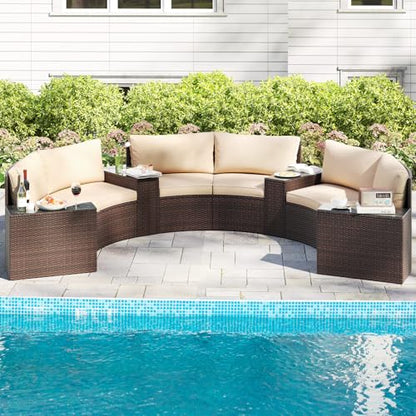 Tangkula 7 Pieces Patio Furniture Set, Rattan Half-Moon Curved Sectional Cushioned Sofas with Tempered Glass Top Side Tables, Outdoor Conversation Set for Porch, Backyard & Poolside