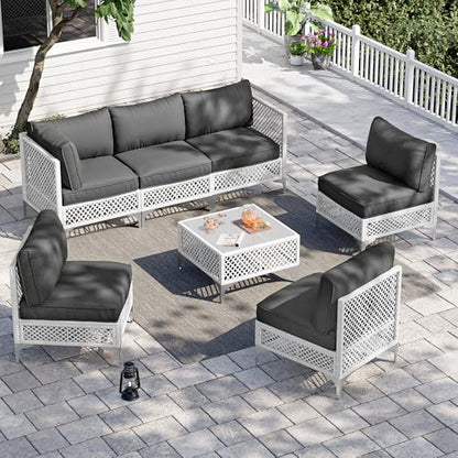Vikiullf Patio Conversation Set, 7 Piece Outdoor Sectional Sofa Set with Coffee Table, White Wicker with Grey Cushions (White and Grey, 7 piece)