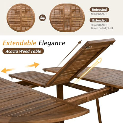 Merax 5 Piece Patio Dining Set, Outdoor Acacia Wood Extendable Round Table with 12 Inch Butterfly Leaf and 4 Rattan Arm Chairs w/Cousions & Pillows for Backyard,Balcony, Garden, Poolsid, Natural