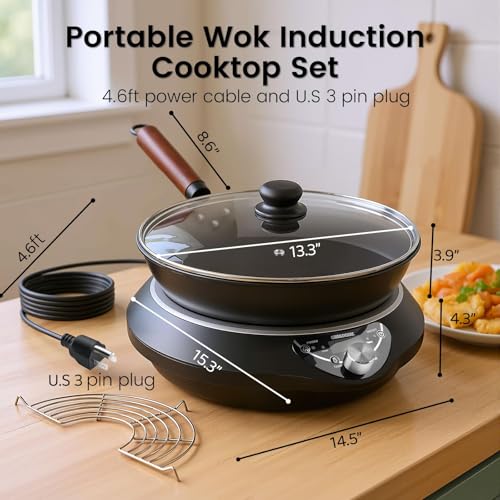 GastroGear 1700W Induction Cooktop with 13.4" Carbon Steel Wok Pan,Lid,Rack,1.97" Deep Curved Concave Electric Stove Burner 16 Watts/temp Precise Ctrl 200~1700W 176°F to 446°F,18H Timer ETL-Listed