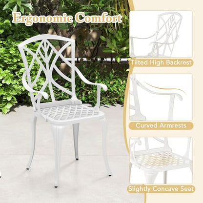 Tangkula 5 Pieces Cast Aluminum Outdoor Dining Set, Round Dining Table with 2” Umbrella Hole & 4 Armchairs, All-Weather Outdoor Furniture Set for Patio, Balcony, Garden & Backyard, White