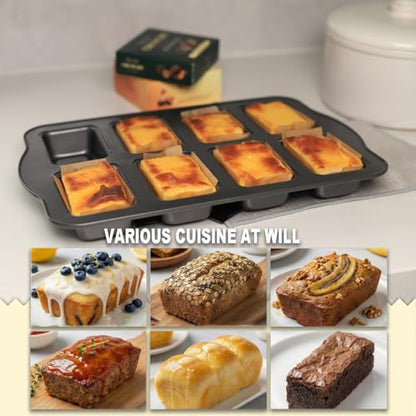 UCBAT Mini Loaf Baking Pans Set 8-Cavity with 200 PCS Parchment Liners, Nonstick Bakeware Rectangle Bread Pan, Heavy Duty Banana Bread Pan, Grey