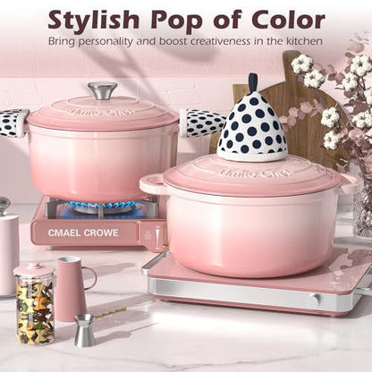 Umite Chef 5QT Enameled Cast Iron Dutch Oven Pot with Lid, Heavy-Duty Cookware for Bread Baking, Braising, Stews, Roasting, Wedding Registry Ideas & Gifts (Pink)
