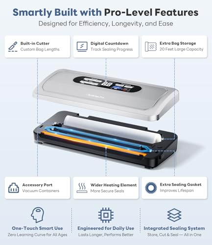 Vacuum Sealer Machine with AirLock ProSeal System, 10-in-1 Vacuum Sealer for Food, Moist/Dry Sealing Modes, Compact Design with Digital Timer, Built-in Cutter & Roll Storage, Stainless Steel