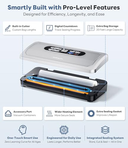 Vacuum Sealer Machine with AirLock ProSeal System, 10-in-1 Vacuum Sealer for Food, Moist/Dry Sealing Modes, Compact Design with Digital Timer, Built-in Cutter & Roll Storage, Stainless Steel
