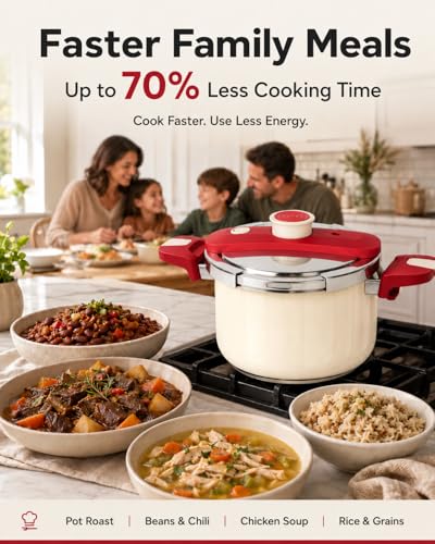 MICHELANGELO Stovetop Pressure Cooker Stainless Steel, 6.3 qt, 304 Stainless Steel, 6-Fold Safety System, One-Hand Easy-Open Lid, 2 Pressure Settings, Steamer Basket & Glass Lid, Induction Compatible