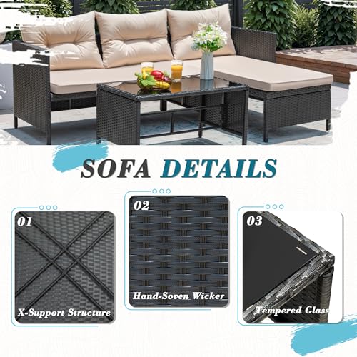 Greesum 3 Piece Patio Furniture Set Outdoor Wicker Sectional Sofa,Beige