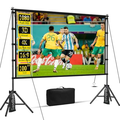 100inch Projector Screen and Stand,Outdoor and Indoor Projection Screen,16:9 4K HD Rear Front Movie Screen Portable with Carry Bag Wrinkle-Free Design for Home Theater 100inch