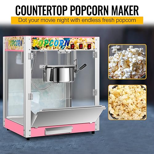 Commercial Popcorn Machine with 8 Oz Kettle, 850 W Countertop Popcorn Maker for 48 Cups per Batch, Theater Style Popper with 3 Switch Control Steel Frame Tempered Glass Doors (pink, 8OZ)