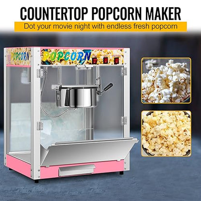 Commercial Popcorn Machine with 8 Oz Kettle, 850 W Countertop Popcorn Maker for 48 Cups per Batch, Theater Style Popper with 3 Switch Control Steel Frame Tempered Glass Doors (pink, 8OZ)