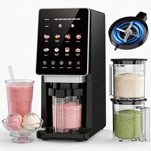 H-Duka 10-in-1 Ice Cream Maker Machine, 800W Frozen Treat Maker for Silky Gelato, Sorbet&Slushies, One-Touch Mix-In & Re-Spin for Creamy Texture, Keto & Vegan, Includes 3 Pints & Recipe Guide, Black
