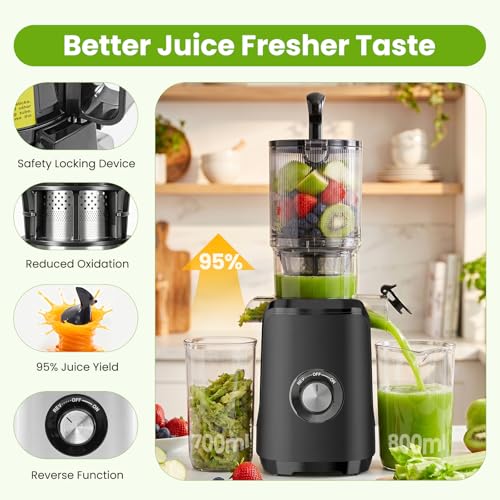 KMFurnila Slow Masticating Juicer, 200W Cold Press Juicer Machine with Safety Lock & Reverse Function, Juice Extractor for Fruits & Vegetables, Easy Clean, Black