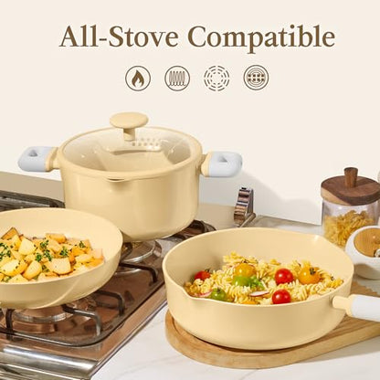 CAROTE Pots and Pans Set Nonstick, Ceramic Cookware Set, Yellow Cooking Set Kitchen Induction Set with Steamer, PFAS PTFE Free,9 Piece