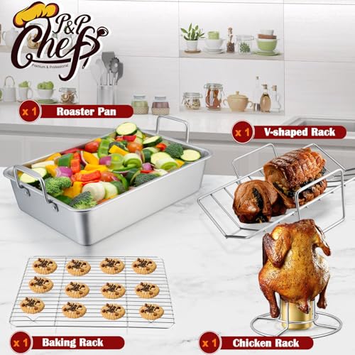 P&P CHEF Roasting Pan Set (8 PCS), 14 Inch Stainless Steel Turkey Roaster Pan, Flat & V-shaped Roasting Racks & Beer Can Chicken Holder, Meat Claws & Tenderizer, Brush, Healthy & Heavy Duty