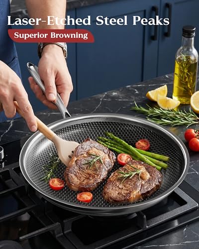XBM Nonstick Frying Pan with Lid 12-Inch, Durable Stainless Steel Skillet, Induction Cooktop Compatible, PFOA-Free Scratch-Proof, Dishwasher & Oven Safe, Stay-Cool Handle, Silver Kitchen Cookware