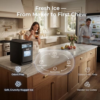 ipolo Nugget Ice Maker Countertop: 44lb/Day, Self-Cleaning, Black Stainless Steel, Portable, Soft Chewable Pebble Ice Machine for Home Kitchen, RV & Office