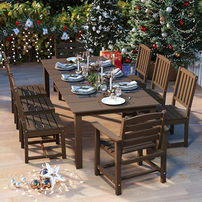 Patio Kingdom 9-Piece Outdoor Dining Set for 8, 75.2'' HDPE Table with Umbrella Hole & Chairs, Weather-Resistant Patio Furniture for Lawn, Yard, Balcony, Deck (Brown)