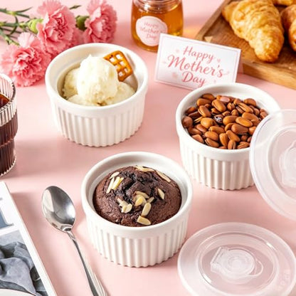vancasso 6 oz Ramekins with Lid, Porcelain Creme Brulee Souffle Dishes, White Pudding Custard Cups Ramiken for Baking, Dishwasher and Oven Safe, Set of 6
