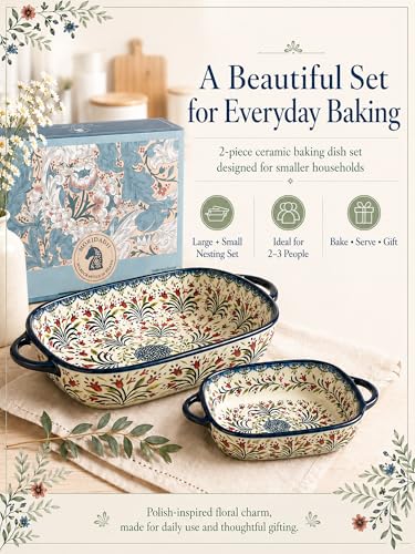 Polish Pottery Style Ceramic Baking Dish Set, 2-Piece Large & Small Casserole Bakers for 2–3 People, Floral Oven-to-Table Bakeware, Microwave & Dishwasher Safe, Gift-Ready with Protective Packaging