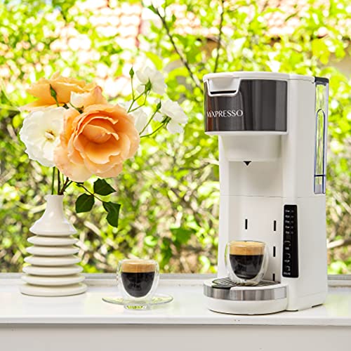 Mixpresso White Single Serve Coffee Brewer K-Cup Pods Compatible & Ground, 30 oz Compact Coffee Maker Single Serve With 5 Brew Sizes Up To 14 Oz, Fits Travel Mug, Adjustable Drip Tray