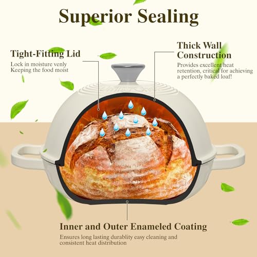 Enameled Round Cast Iron Bread Oven, 6 Qt Cast Iron Dutch Oven for Homemade Sourdough Bread Baking, Bread Pot with Dome Lid & Cotton Potholders (Cream White)