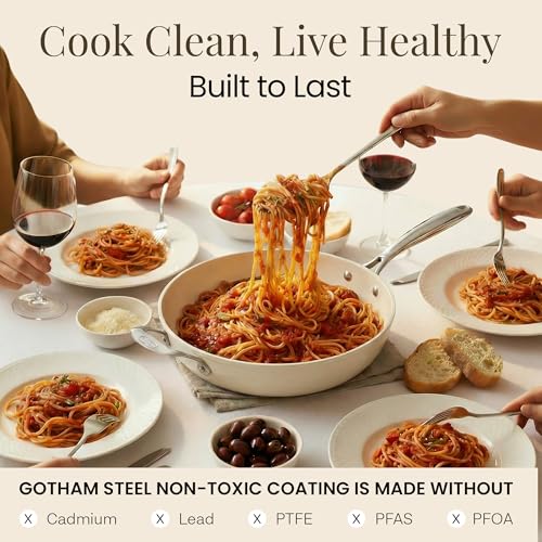 GOTHAM STEEL Cream 14 Inch Non Stick Frying Pans, Large Family Sized Nonstick Cooking Pan Skillet, Nonstick, 100% PFOA Free Ceramic Coating, Oven and Dishwasher Safe, Cream White