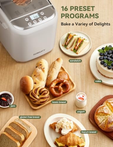 SUMSATY Bread Maker, 2.2LB 16-in-1 Bread Machine Automatic Bread Maker Machine with Nonstick Pan & 15H Timer & 1H Keep Warm for Beginner Breadmaker with Gluten-Free, French, Yogurt, Recipe
