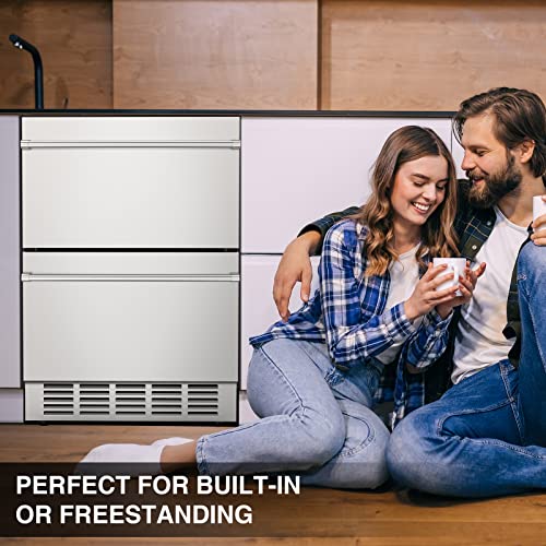Mojgar 24" Under Counter Beverage Refrigerator, Indoor/Outdoor Fridge with Double Drawer Storage, Quiet 38dB Compressor & Weather-Proof Stainless Steel – Beverage Fridge for Home, Patios, Restaurants