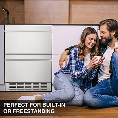 Mojgar 24" Under Counter Beverage Refrigerator, Indoor/Outdoor Fridge with Double Drawer Storage, Quiet 38dB Compressor & Weather-Proof Stainless Steel – Beverage Fridge for Home, Patios, Restaurants