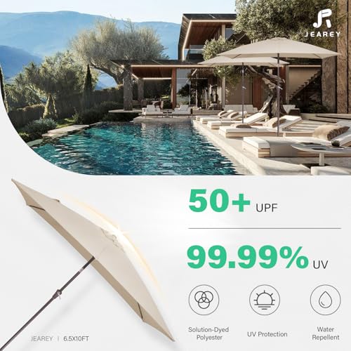 JEAREY 6.5x10 ft Rectangular Patio Umbrellas Rectangle Outdoor Umbrella with Push Button Tilt and Crank, Market Table Umbrella 6 Sturdy Ribs UV Protection for Poolside Garden Backyard Deck, Beige