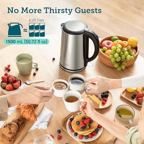 Cosori Electric Kettle, No Plastic Inner Lid, Filter & Spout, Stainless Steel Tea Kettle, Automatic Shut Off & Boil-Dry Protection, Durable Tea Kettle Boiler & Heater, 1.5L/1500W, Silver