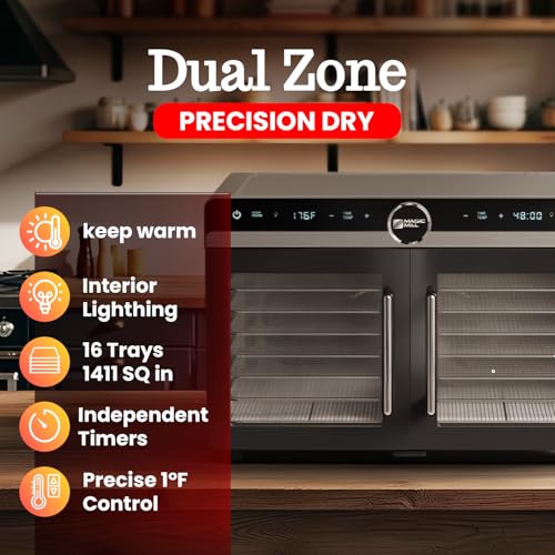 Magic Mill Premium DualZone Food Dehydrator, 16 Stainless Steel Trays with French Doors, Independent Temp Control, Rear Fan, Keep Warm Mode, for Jerky, Fruit, Veggies, Dog Treats, Meal Prep