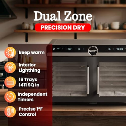 Magic Mill Premium DualZone Food Dehydrator, 16 Stainless Steel Trays with French Doors, Independent Temp Control, Rear Fan, Keep Warm Mode, for Jerky, Fruit, Veggies, Dog Treats, Meal Prep