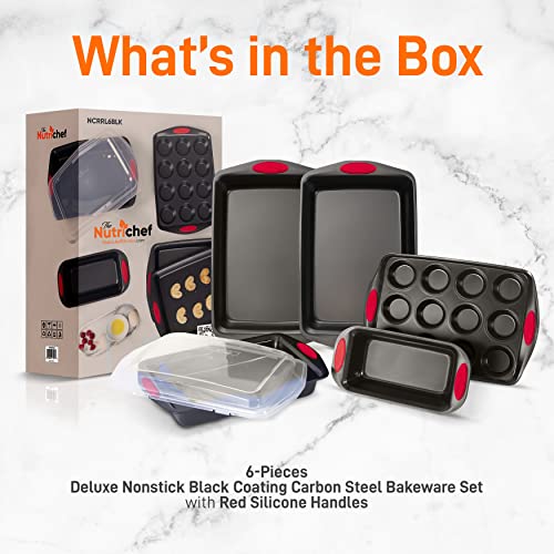 NutriChef 6-Piece Baking Pan Set - Carbon Steel Stackable Bakeware with Red Silicone Handles & Nonstick Coating, Includes Cookie Sheets, Roaster Pan with Lid, Loaf Pan, and 12 Cup Muffin Pan (Black)