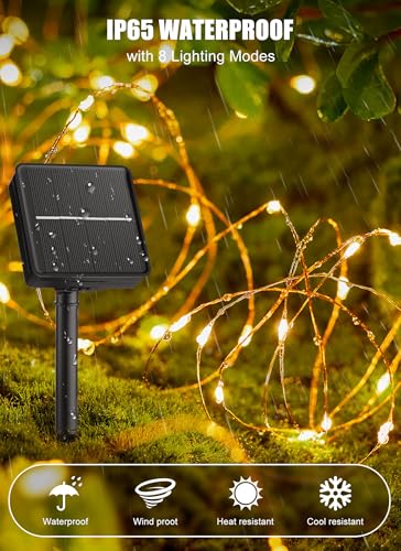 Minetom Solar Fairy Lights,33Ft 100 LED Solar String Lights Outdoor, IP65 Waterproof Patio Lights with 8 Modes for Tree Patio Christmas Party Wedding Decor (Warm White)