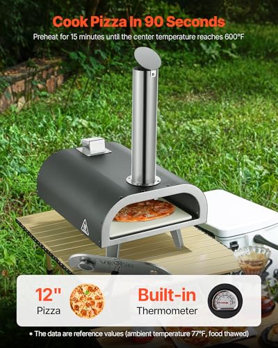 VEVOR Outdoor Pizza Oven, 12 Inch Wood Fired Pizza Ovens, Pellet Pizza-Stove with Thermometer, Portable Pizza-Maker for Outside Backyard Patio Camping, Pizza-Stone, Carry Bag, Shovel, Black