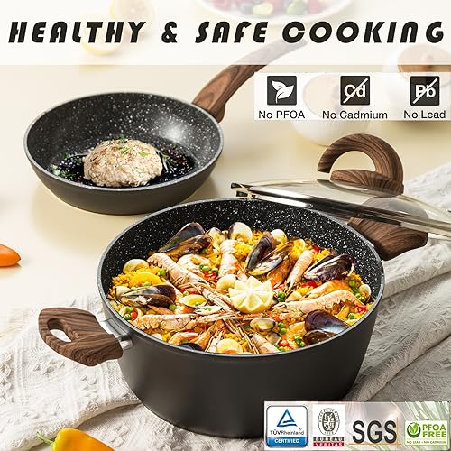 Vkoocy Non Stick Pots and Pans Set, Healthy Ceramic Cookware Set, 12pcs Kitchen Cooking Pots and Frying Sauce Saute Pans Set, PFAS-Free with Kitchen Utensils and Lid, Black